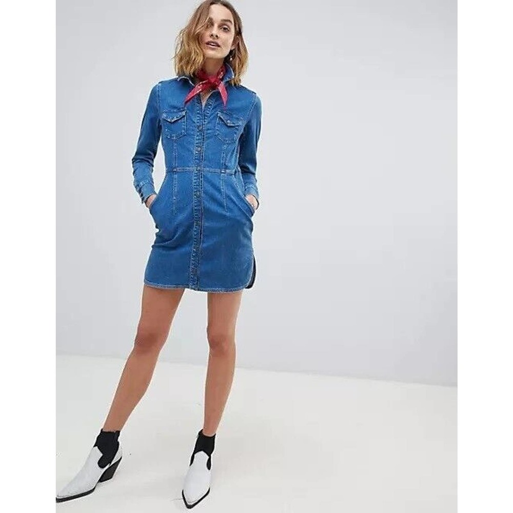 Free People Dynomite Denim Mini Shirt Dress Retro 70's Western Medium H14890 - Picture 15 of 15